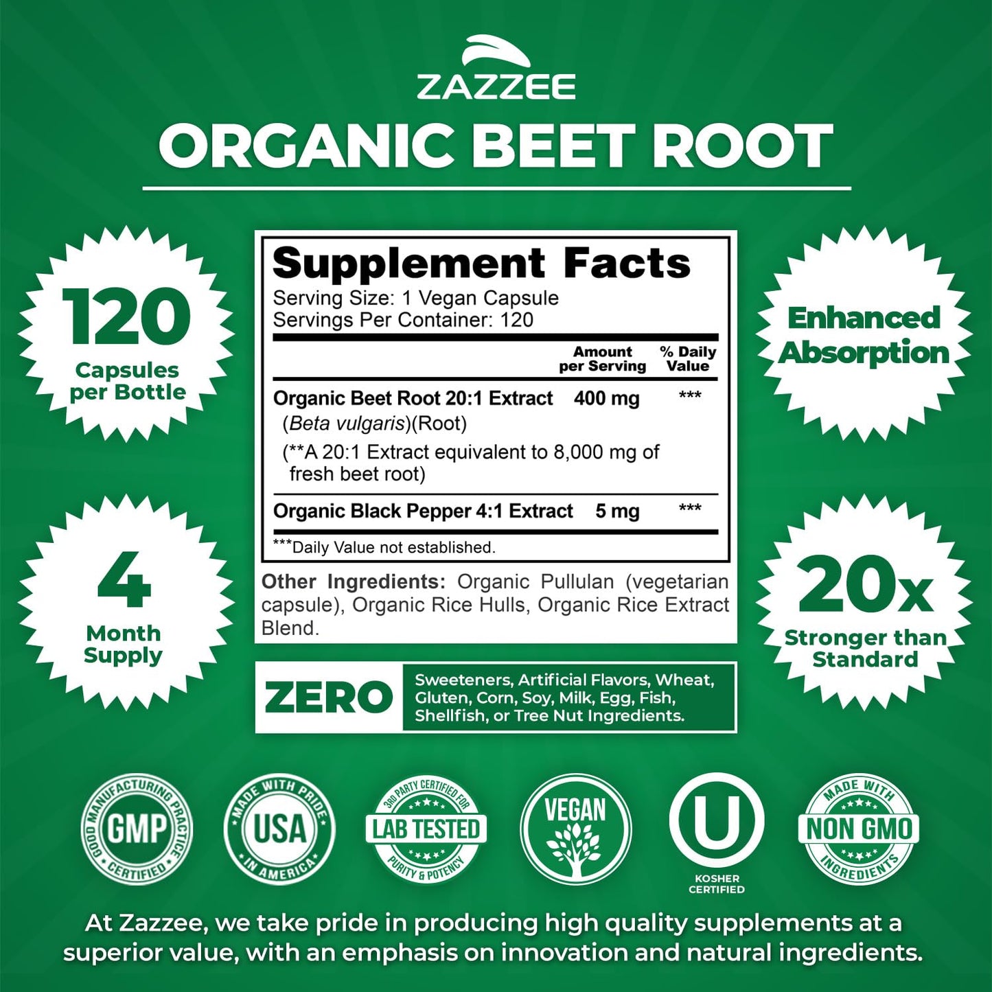Zazzee USDA Organic Beet Root 20:1 Extract, 120 Vegan Quick Release Capsules, 4 Month Supply, Nitric Oxide Support, Black Pepper Extract for Enhanced Absorption, Certified Kosher, Non-GMO, Made in USA