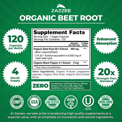 Zazzee USDA Organic Beet Root 20:1 Extract, 120 Vegan Quick Release Capsules, 4 Month Supply, Nitric Oxide Support, Black Pepper Extract for Enhanced Absorption, Certified Kosher, Non-GMO, Made in USA