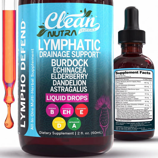 Organic Lymphatic Drainage Supplement | Lymphatic Support Drops | Burdock Root Echinacea Elderberry Dandelion Astragalus Milk Thistle Sea Moss Red Clover Cleanse Marigold Drop By Clean Nutra