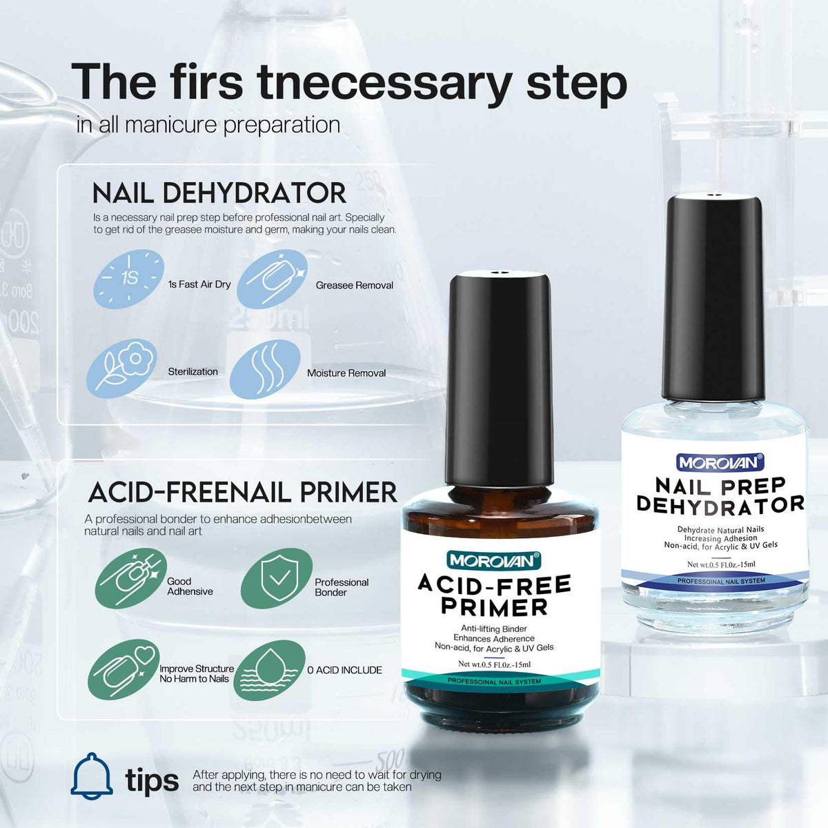 Morovan Professional Natural Nail Prep Dehydrate and Acid-Free Primer, Dehydrator