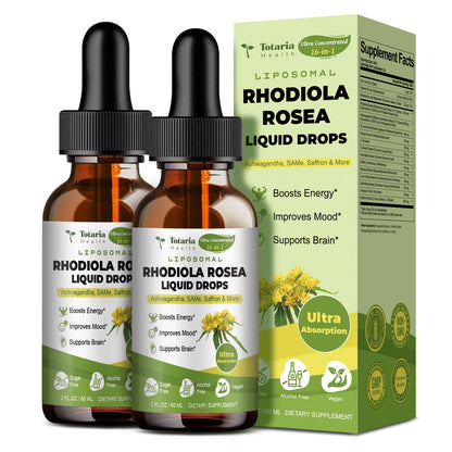 Totaria 16-in-1 Liposomal Rhodiola Rosea Supplement Tincture 1000mg, Ultra Strength Rhodiola 10:1 Root Extract w/Ashwagandha, Rhodiola Liquid Drops for Natural Relaxation, Mood, Energy, Alcohol-Free