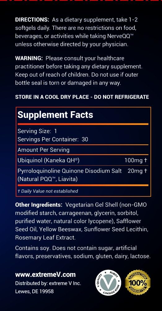 NerveQQ Ultra Advanced Formula Neuropathy Support - #1 Recommended Nerve Growth Factor (NGF) Health and Function. 100mg of Ubiquinol (QH) Plus Natural PQQ 20mg (Vegetarian Softgels)