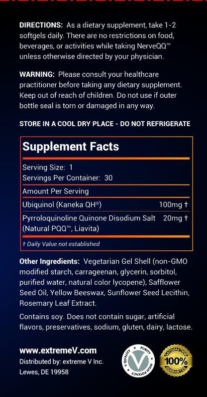 NerveQQ Ultra Advanced Formula Neuropathy Support - #1 Recommended Nerve Growth Factor (NGF) Health and Function. 100mg of Ubiquinol (QH) Plus Natural PQQ 20mg (Vegetarian Softgels)