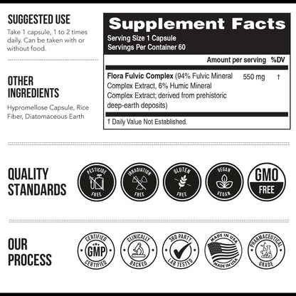 Flora Fulvic | Fulvic Acid + Humic Acid Complex – 550 mg |Mined in Utah, Prehistoric Deep Earth Extract | Immunity, Gut, Digestion – Natural Trace Mineral Complex, Fulvic Acid Supplement – 60 Capsules