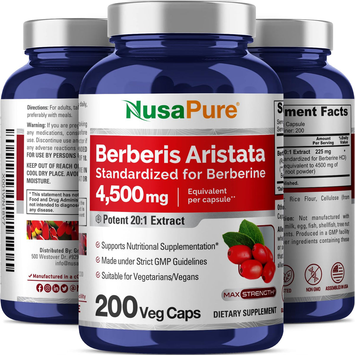 NusaPure Berberine HCI 4500 mg - 200 Veggie Caps - 6 Months Supply - (100% Vegetarian
