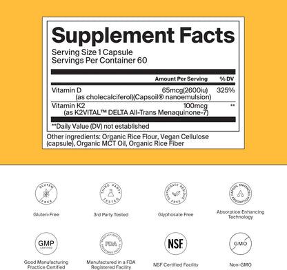 The Absorption Company Vitamin D3 K2-60 Muscle Support Capsules - 5000iu | Bioavailable Heart Health Aid, Workout & Sore Recovery Supplement, Bone & Immune Health Vitamins, 1.9x Higher Absorption