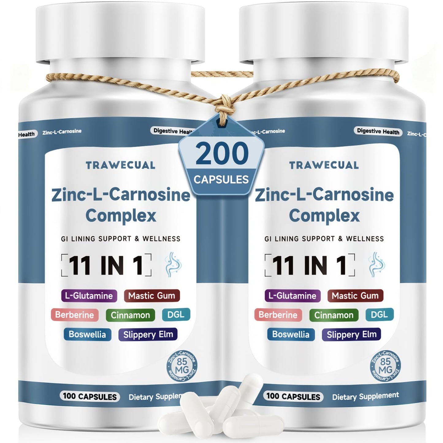 Zinc L Carnosine Complex 85mg, 11-in-1 Digestive & Gut Health Support | Soothing Herbal Extract Blend, L-Glutamine & Mastic Gum, 100 Capsules, Non-GMO, Vegan Supplement