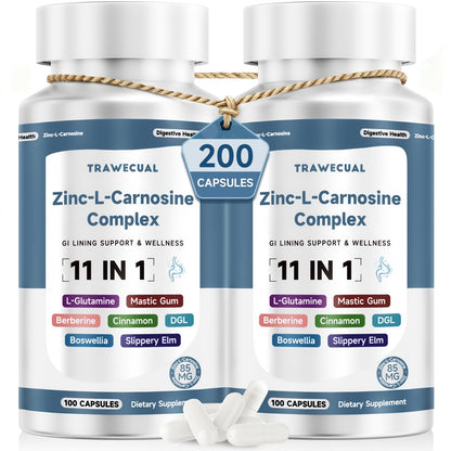 Zinc L Carnosine Complex 85mg, 11-in-1 Digestive & Gut Health Support | Soothing Herbal Extract Blend, L-Glutamine & Mastic Gum, 100 Capsules, Non-GMO, Vegan Supplement
