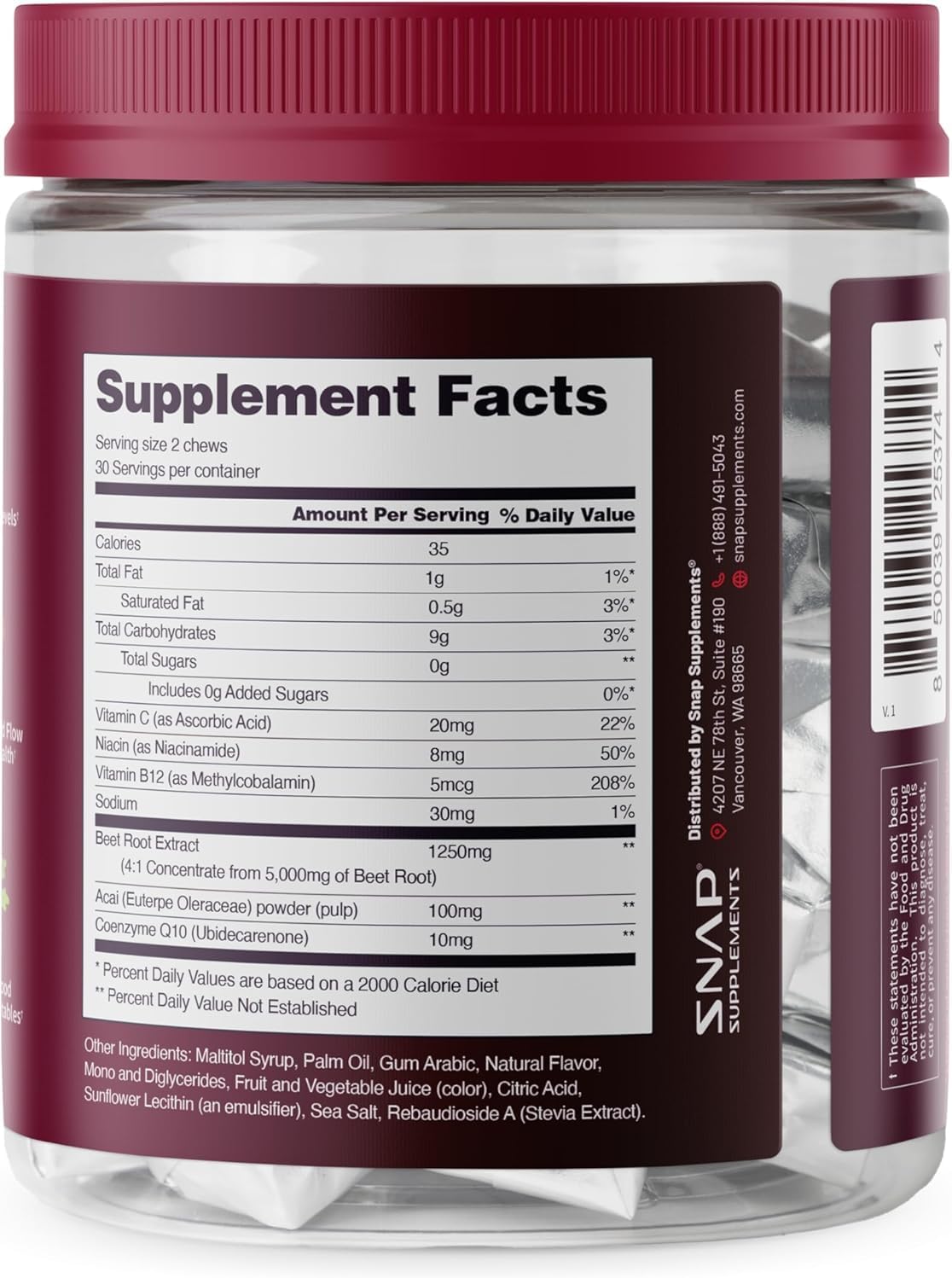 Snap Supplements Beet Root Soft Chews, Mixed Berry, 60 Sugar-Free Chews | For Adults 35+ and Heart Health Shoppers - Beetroot Extract with CoQ10, Vegan Formula, Daily Heart Support Chews