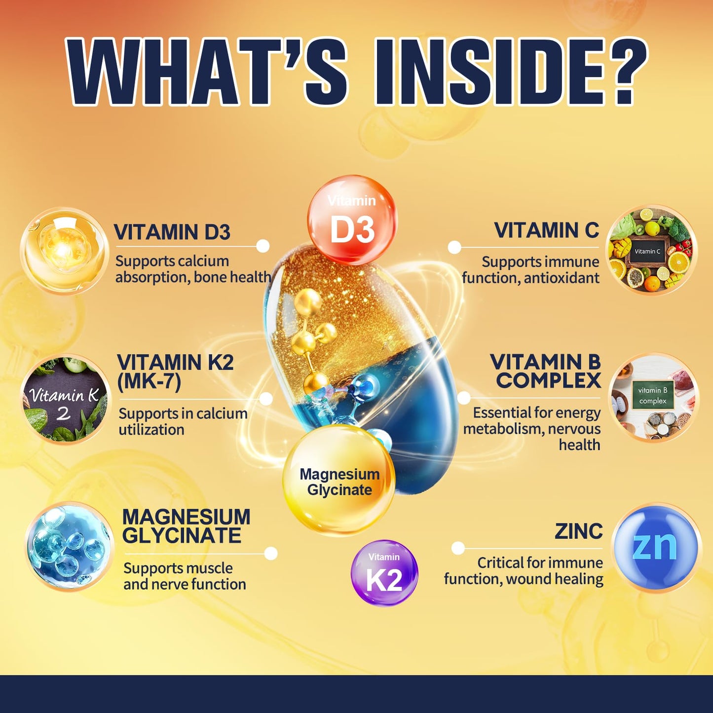 9-in-1 Magnesium Glycinate 500mg + Vitamin D3 5000 IU & K2 Complex - High Absorption - Healthy Stress, Sleep, Muscle Function, Bone Health & Energy Supports | Non-GMO, Gluten-Free 120 Softgels
