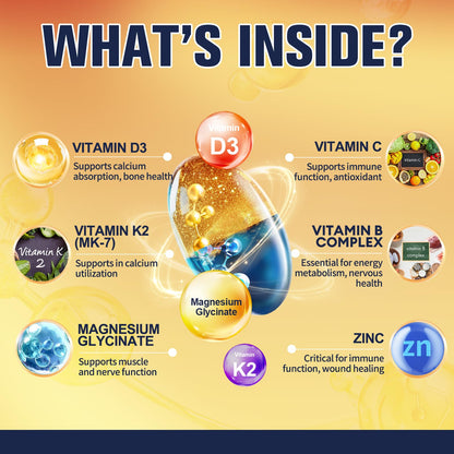 9-in-1 Magnesium Glycinate 500mg + Vitamin D3 5000 IU & K2 Complex - High Absorption - Healthy Stress, Sleep, Muscle Function, Bone Health & Energy Supports | Non-GMO, Gluten-Free 120 Softgels