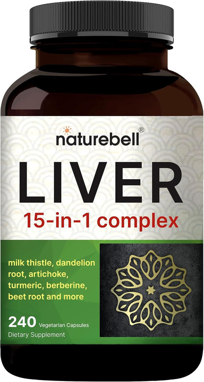 Liver 15-in-1 Complex, 240 Veggie Capsules | Herbal & Mineral Blend - Milk Thistle, Dandelion Root, Artichoke, Black Currant Oil, Turmeric, Chicory, Zinc, Choline, & More | Non-GMO