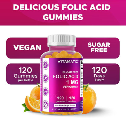 Vitamatic Sugar Free Folic Acid 1 mg Gummies 120 Count Orange Flavor | 1 mg Folic Acid, 1667 mcg DFE per gummy, Healthy cell growth, red blood cell formation, Gluten Free, Non GMO