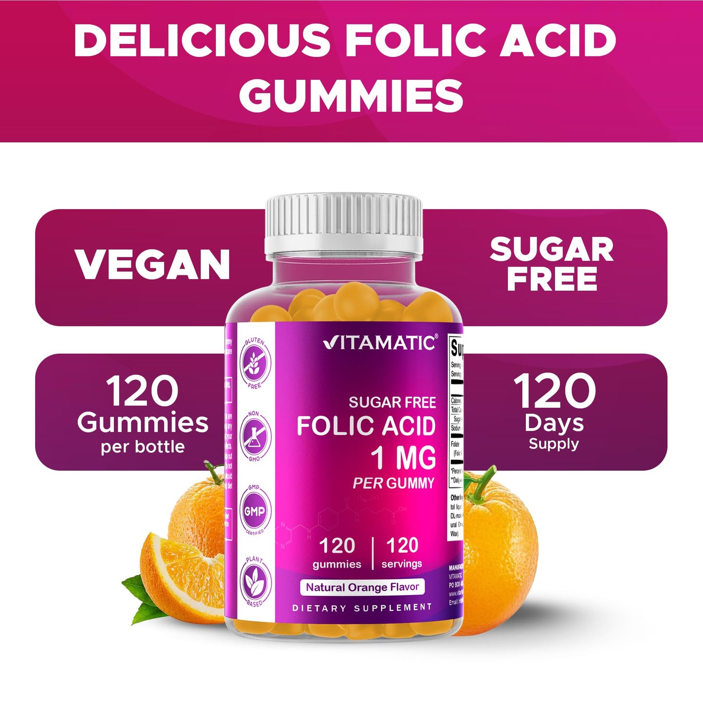Vitamatic Sugar Free Folic Acid 1 mg Gummies 120 Count Orange Flavor | 1 mg Folic Acid, 1667 mcg DFE per gummy, Healthy cell growth, red blood cell formation, Gluten Free, Non GMO