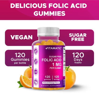 Vitamatic Sugar Free Folic Acid 1 mg Gummies 120 Count Orange Flavor | 1 mg Folic Acid, 1667 mcg DFE per gummy, Healthy cell growth, red blood cell formation, Gluten Free, Non GMO