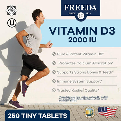 FREEDA Pure Vitamin D3 2000 IU Supplement – 250 Tiny Tablets | Moderate Strength Vitamin D3 Supplement - 50 mcg (2,000 IU) Supporting Bone, Joint, Muscle, and Immune Health for Women & Men