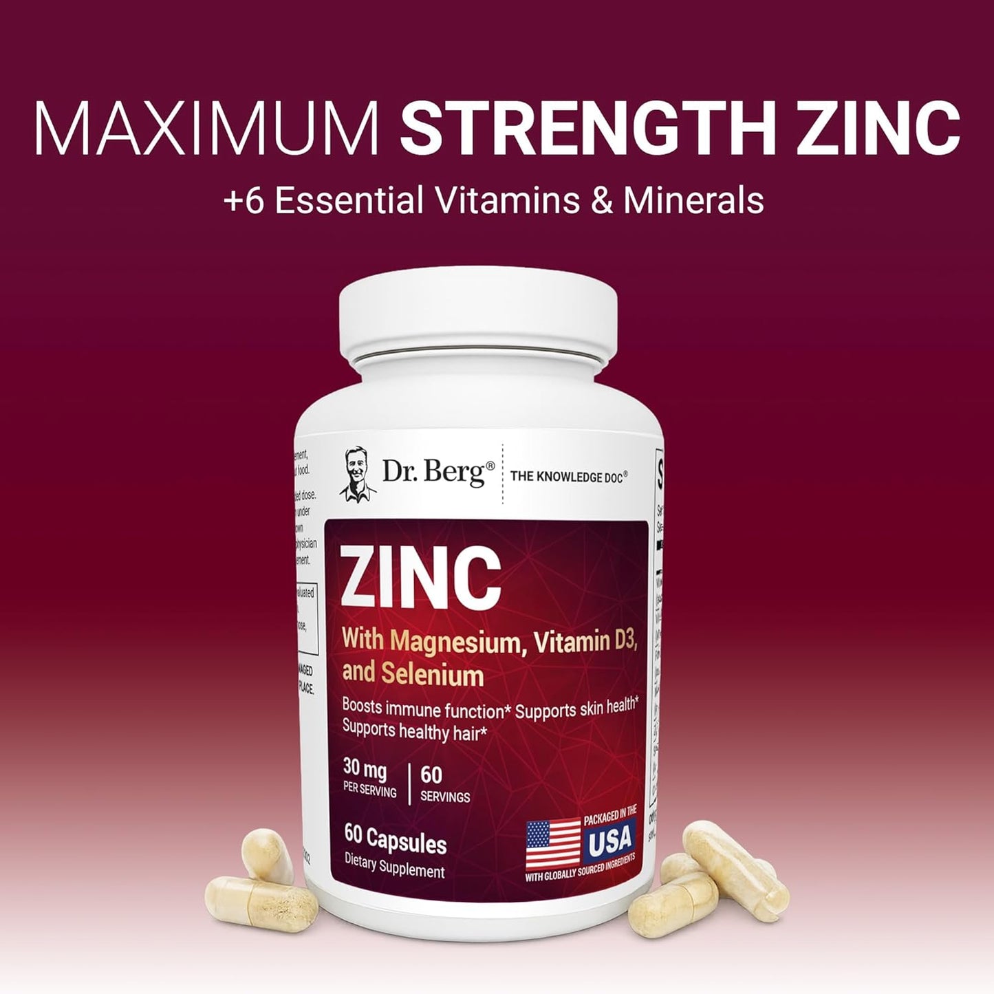 Dr. Berg Zinc 30 mg (60 Capsules) – High Potency 7-in-1 Immune Support Formula – Chelated Zinc with Vitamin D & Selenium for Healthy Skin, Hair & Daily Wellness – No Fillers, 4X Tested*