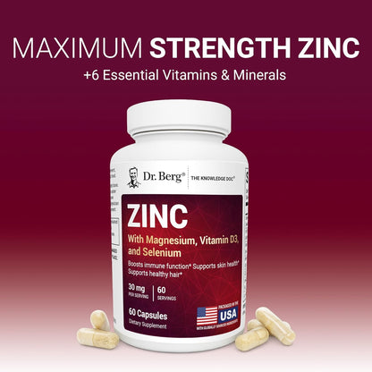 Dr. Berg Zinc 30 mg (60 Capsules) – High Potency 7-in-1 Immune Support Formula – Chelated Zinc with Vitamin D & Selenium for Healthy Skin, Hair & Daily Wellness – No Fillers, 4X Tested*