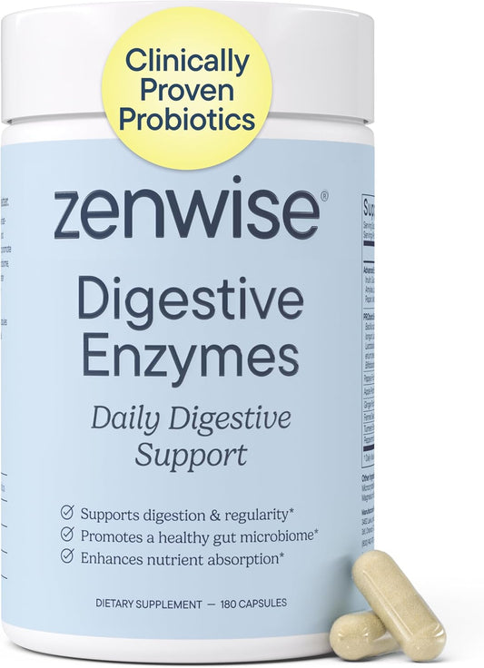 Zenwise Health Digestive Enzymes, Probiotics, for Gut Health Bloat - 180 CT | Multi Enzymes, Probiotics, Bromelain, Papaya, DE111 Probiotics Prebiotics, Gas and Bloating Relief, Vegetarian