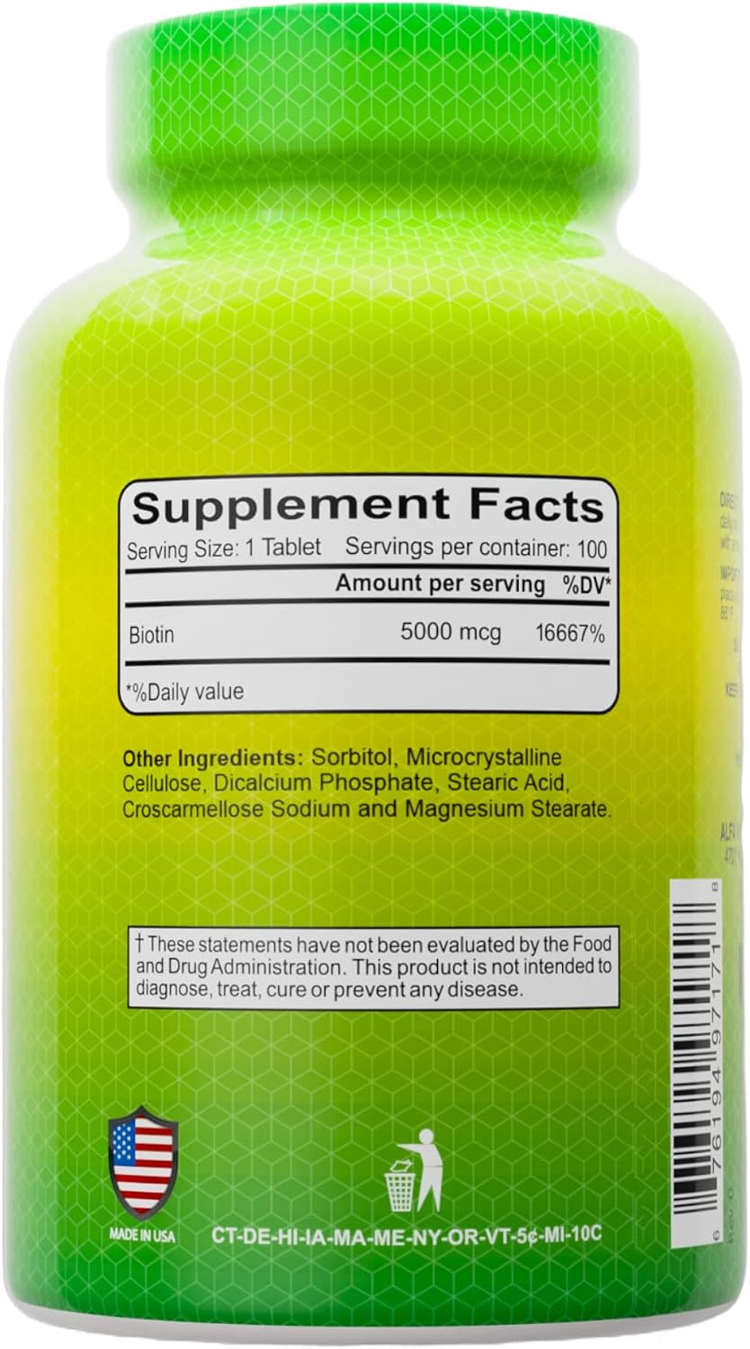 ALFA VITAMINS Biotin 5000 mcg High Potency Vitamin B7 Supplement for Daily Use – 100 Tablets 2 Pack