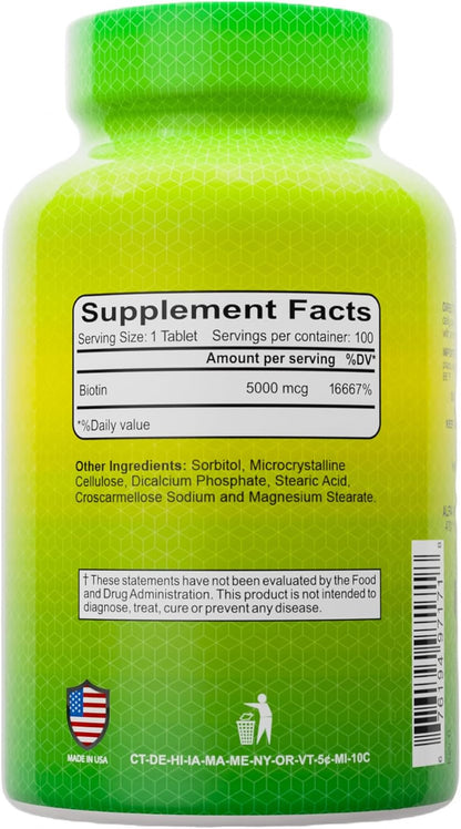 ALFA VITAMINS Biotin 5000 mcg High Potency Vitamin B7 Supplement for Daily Use – 100 Tablets 2 Pack
