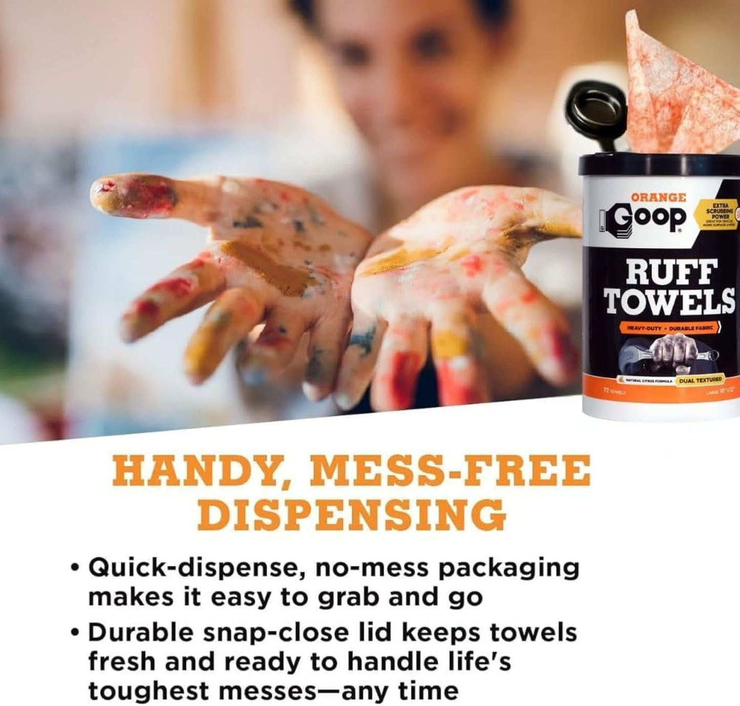 GOOP Orange Heavy Duty Ruff Towels with Scrubbing Power, 10” x 12” Dual Textured Multi-Purpose Cleaning Wipes, Removes Dirt, Grease, Oil, 72 Count