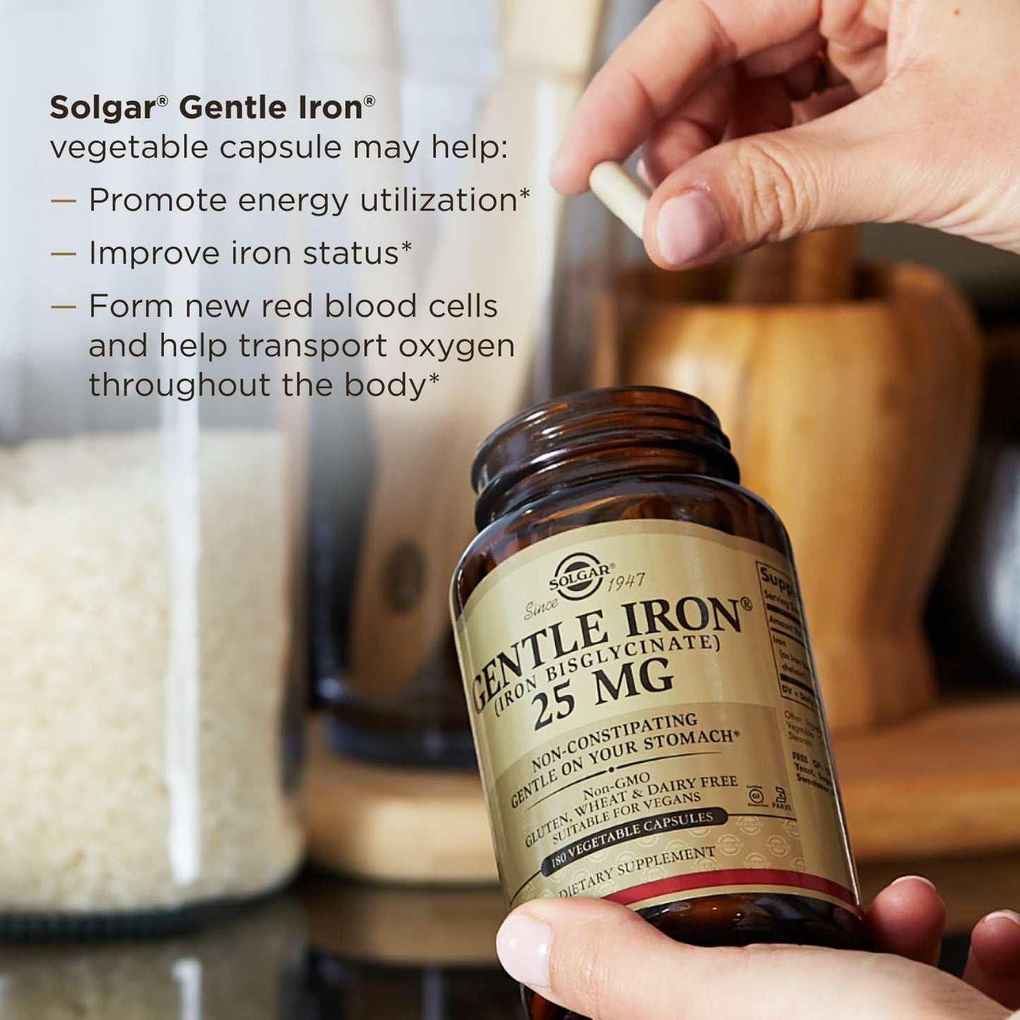 Solgar Gentle Iron, 180 Vegetable Capsules - Ideal for Sensitive Stomachs - Non-Constipating - Red Blood Cell Supplement - Non GMO, Vegan, Gluten-Free, Dairy Free, Kosher - 180 Servings