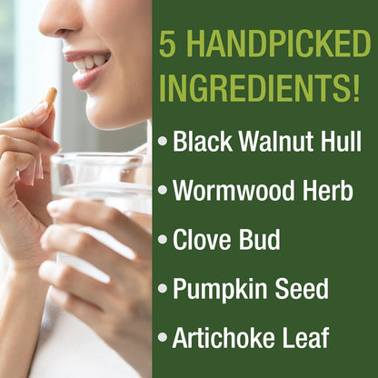 Wormwood Black Walnut Clove Cleanse for Humans. Elimination Detox + Intestinal Support Capsules Supplement for Adults and Kids. Pills with Artichoke and Pumpkin Seed for Additional Benefits