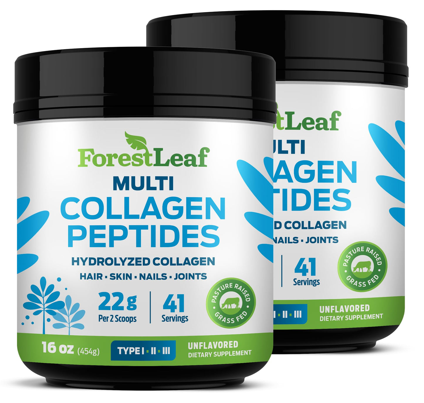 ForestLeaf Collagen Peptides Powder Unflavored - Hydrolyzed Grass Fed Keto Collagen Protein Powder Type 1, 2 & 3 - Vital Hair, Skin, Nails, Joints, Recovery, 11g Per Serving