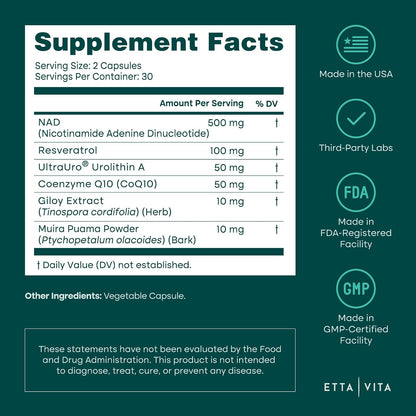 Liposomal NAD+ Supplement - Resveratrol, Muira Puama, Urolithin A, CoQ10 & Giloy (Made in USA) NAD Supplement for Natural Energy, Brain Fog, Digestion, Detox, Gut Health, Microbiome