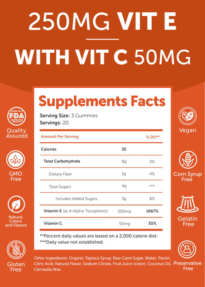 Lunakai USA Made Vitamin E 400 IU Gummies with Vitamin C 50mg, for Eye, Immune & Skin Support - d-Alpha-Tocopherol for Adults, Women & Men, Non-GMO Vegan, 60 Daily VIT E Gummies