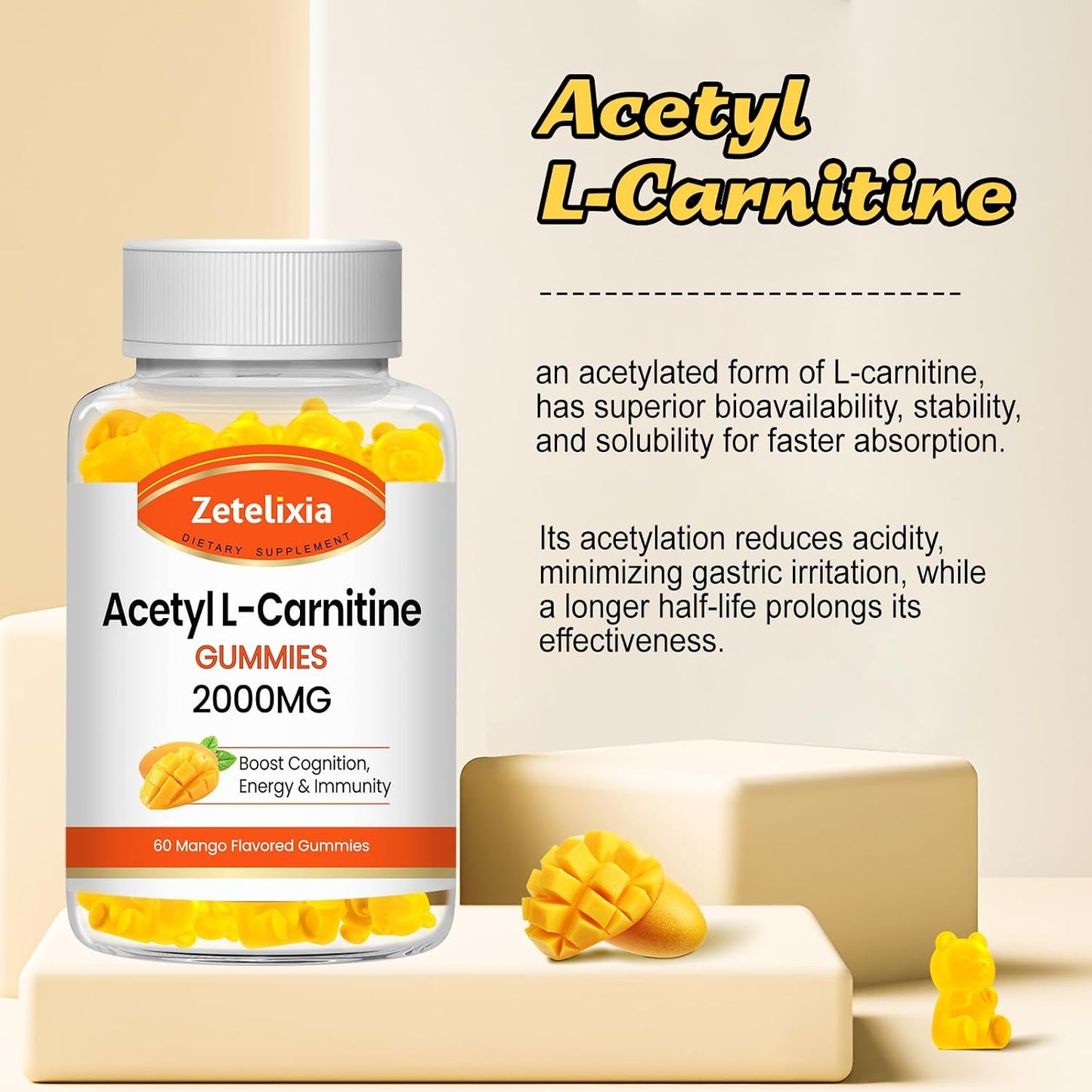 2 Pack Acetyl L-Carnitine Gummies, L-Carnitine Supplement for Women & Men, Nutrition Supplement for Boost Energy, Immunity & Brain Health, Vegan, Non-GMO, Mango Flavor, 120 Count