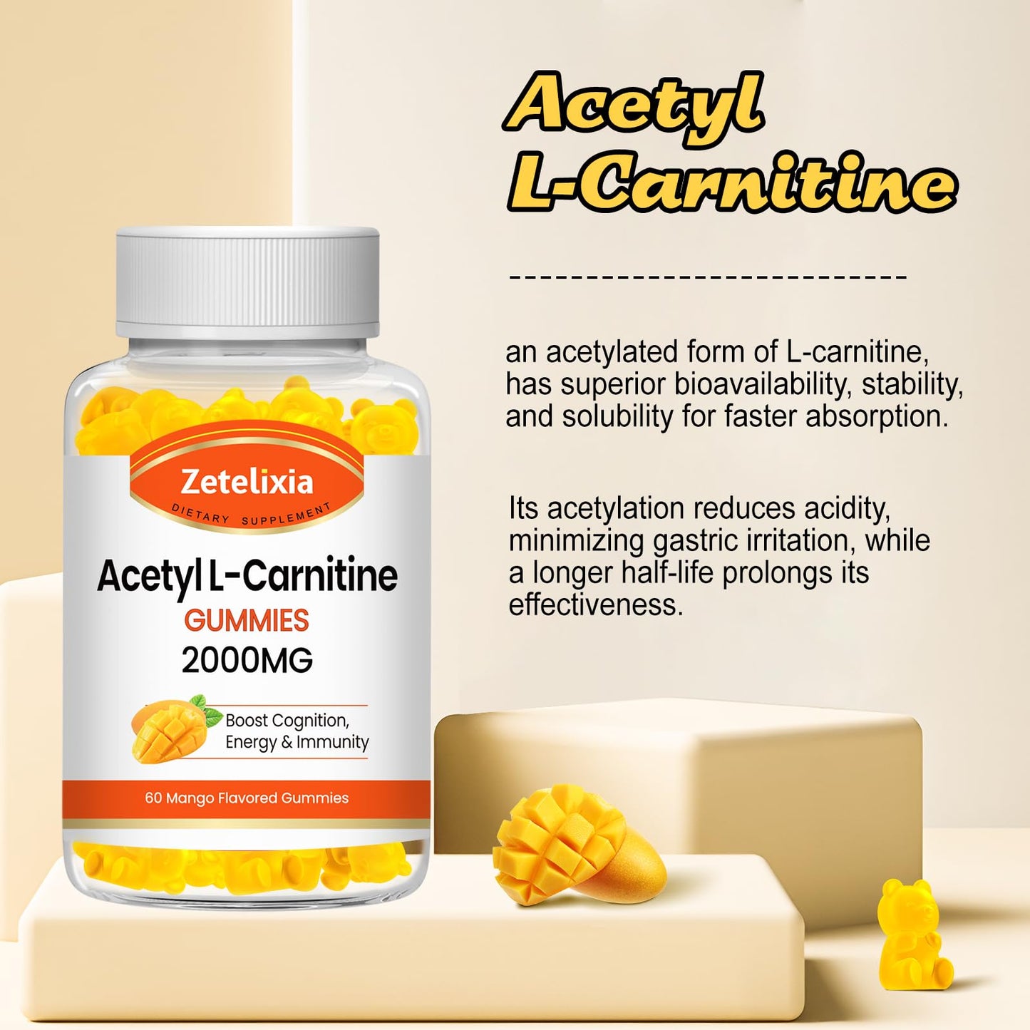 2 Pack Acetyl L-Carnitine Gummies, L-Carnitine Supplement for Women & Men, Nutrition Supplement for Boost Energy, Immunity & Brain Health, Vegan, Non-GMO, Mango Flavor, 120 Count