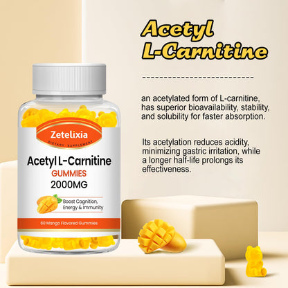 2 Pack Acetyl L-Carnitine Gummies, L-Carnitine Supplement for Women & Men, Nutrition Supplement for Boost Energy, Immunity & Brain Health, Vegan, Non-GMO, Mango Flavor, 120 Count
