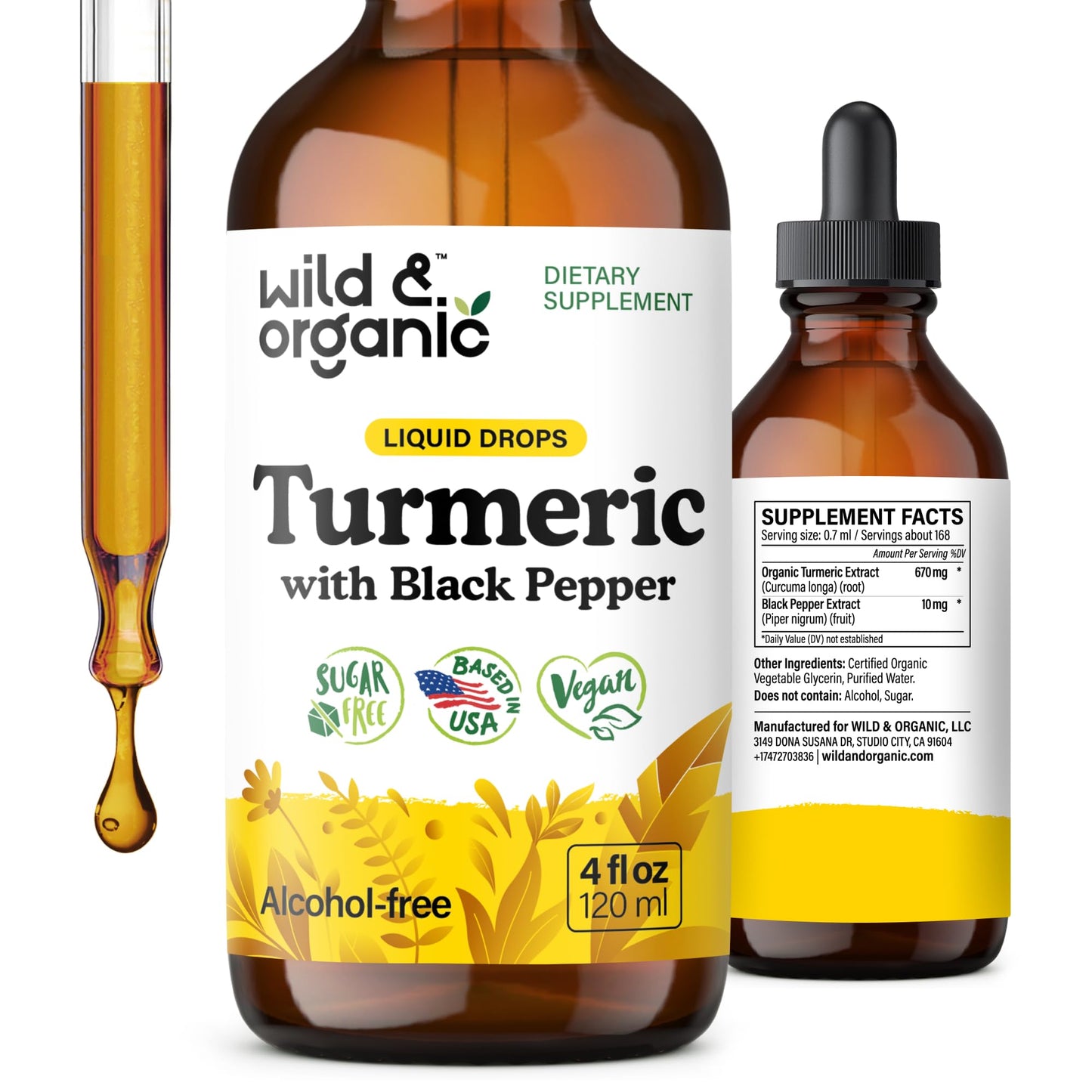 Wild & Organic Turmeric Supplement Liquid Drops - Movement & Immune Support - Liquid Turmeric with Black Pepper Extract - Add to Tea Tincture - Curcumin Supplements - Sugar & Alcohol-Free - 4 fl oz