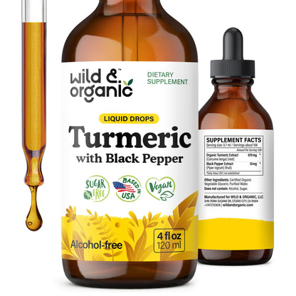 Wild & Organic Turmeric Supplement Liquid Drops - Movement & Immune Support - Liquid Turmeric with Black Pepper Extract - Add to Tea Tincture - Curcumin Supplements - Sugar & Alcohol-Free - 4 fl oz