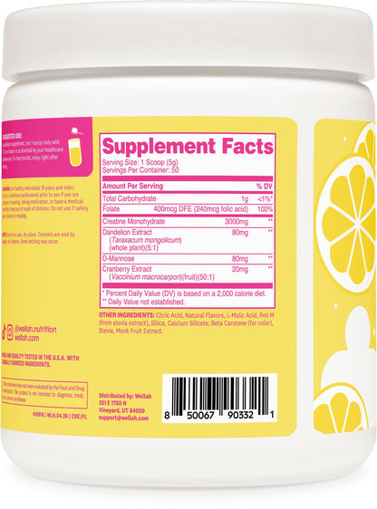 Wellah Creatine for Women - Creatine Monohydrate with Dandelion & Cranberry Extract (50 Servings, Strawberry Lemonade) | Creatine Monohydrate with Dandelion & Cranberry Extract