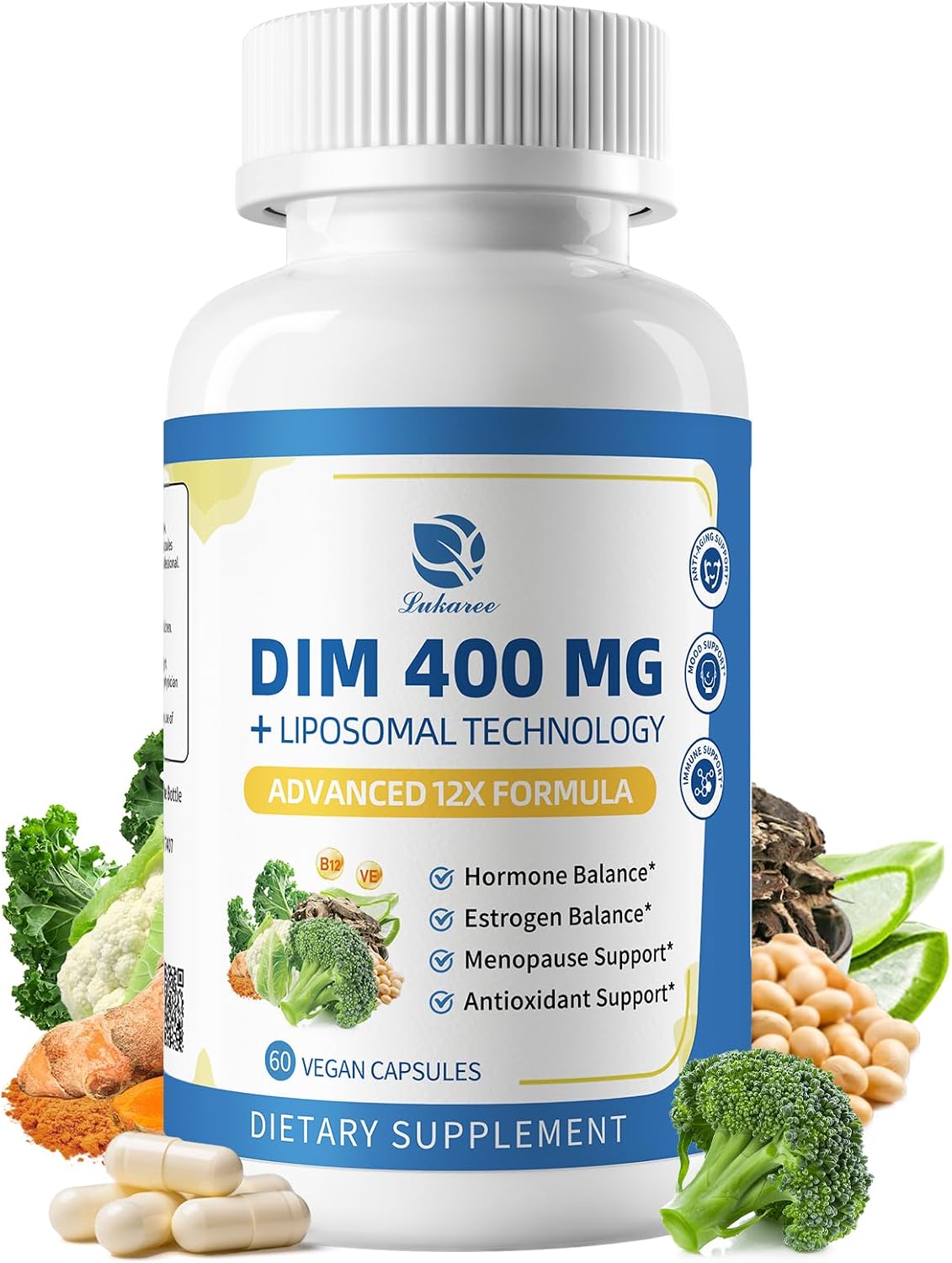 Lukaree DIM Supplement 400MG for Women with Soy Isoflavones, Vegan, 60 Ct. | 12 in 1 Liposomal Dim Capsules, with Black Cohosh & Alpha Lipoic Acid