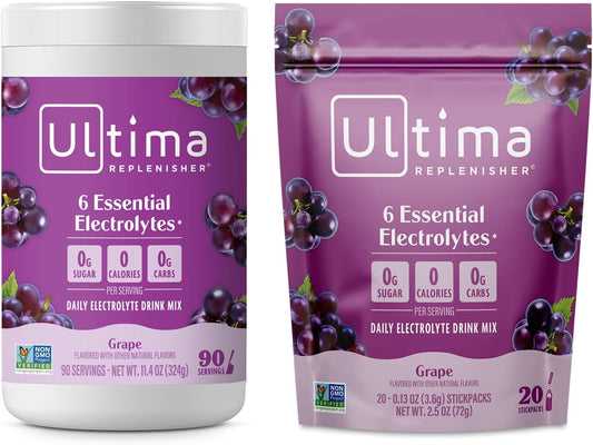 Ultima Replenisher Electrolyte Powder Drink Mix Bundle – Sugar Free – Grape, 90 Serving Canister and 20 Stickpacks – 6 Electrolytes and Minerals – Keto Friendly, Vegan, Non-GMO