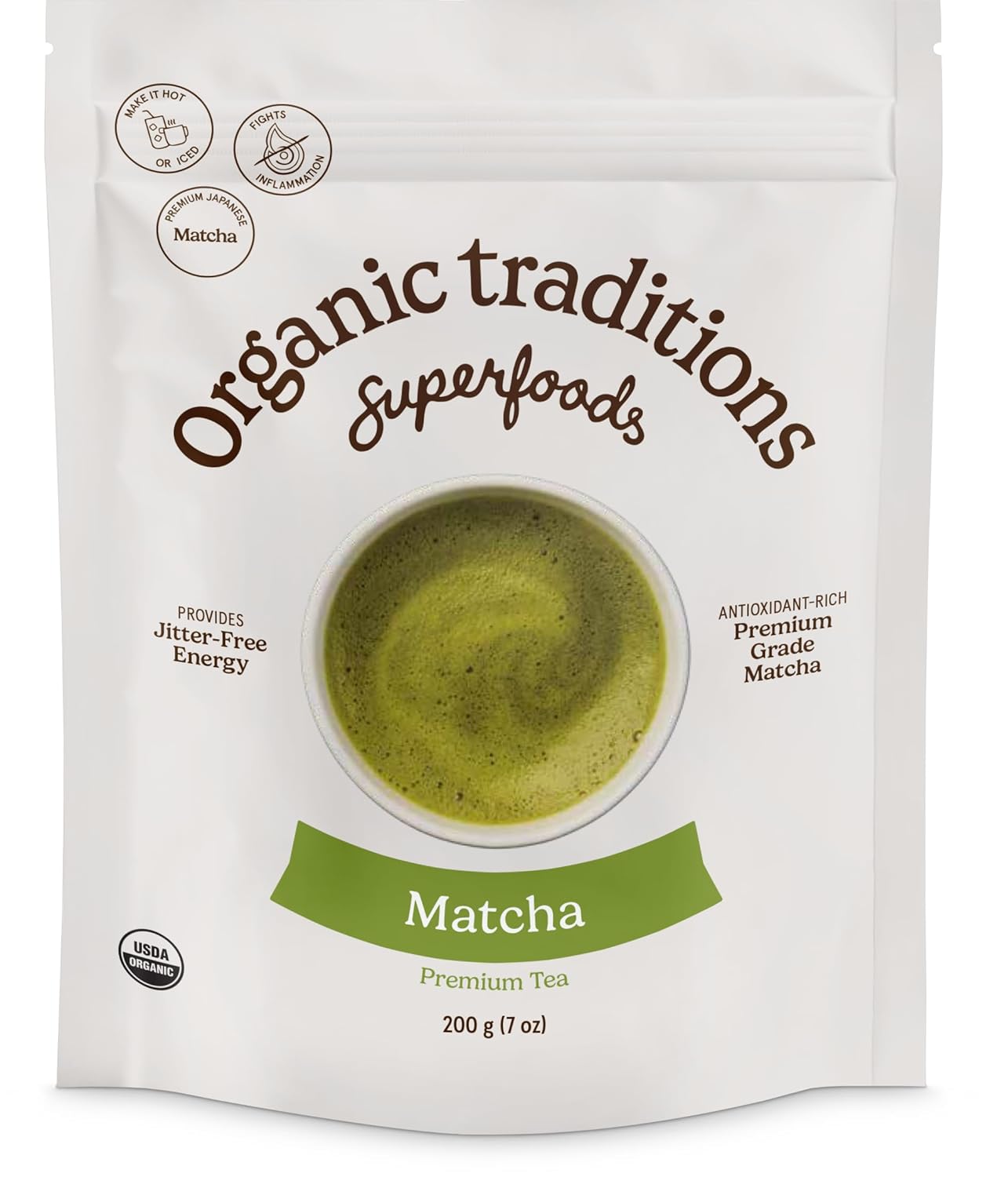 Organic Traditions Premium Matcha Powder, Authentic Japanese Tencha Leaves, Green Tea Rich in Antioxidants and Naturally Occurring L-Theanine for Calm Focus, Energy Drink Tea, 100g / 3.5oz Bag