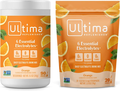 Ultima Replenisher Electrolyte Powder Drink Mix Bundle – Sugar Free – Orange, 90 Serving Canister and 20 Stickpacks – 6 Electrolytes and Minerals – Keto Friendly, Vegan, Non-GMO