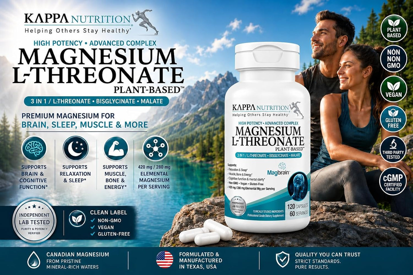 Magnesium L-Threonate Plant-Based 3 in 1 Powered by Magbrain® Magnesium L-Threonate Plant-Based | Magnesium Bisglycinate & Magnesium Malate | Up to 420 mg Elemental Magnesium | 150 Vegan Capsules.