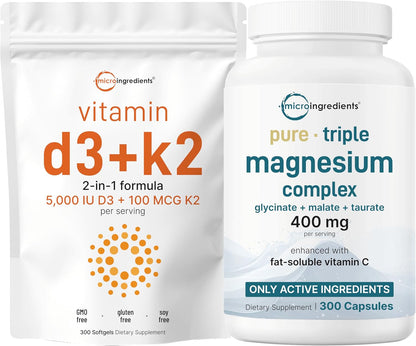 Micro Ingredients Vitamin D3 5,000iu + K2 100mcg Softgels & Pure Triple Magnesium Complex 400mg Capsules | 2 Pack Bundle | Essential D & K Sunshine Vitamins | Glycinate, Malate, & Taurate Forms
