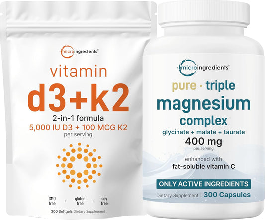 Micro Ingredients Vitamin D3 5,000iu + K2 100mcg Softgels & Pure Triple Magnesium Complex 400mg Capsules | 2 Pack Bundle | Essential D & K Sunshine Vitamins | Glycinate, Malate, & Taurate Forms