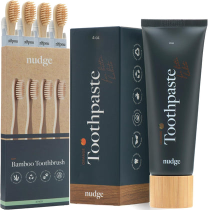 Nudge Nano Hydroxyapatite Toothpaste 4 oz (Orange Mint) + 4 Pack Biodegradable Bamboo Toothbrushes - Eco-Friendly, Natural Oral Care Kit