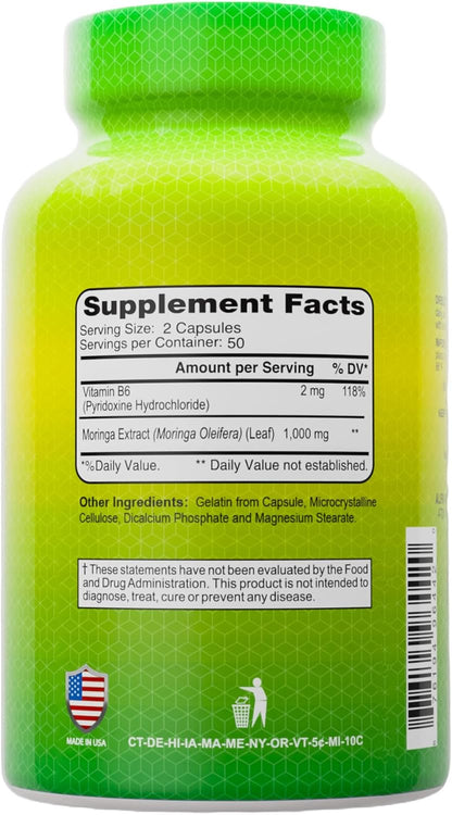 ALFA VITAMINS Moringa with Vitamin B6 Nutrient-Rich Superfood Supplement with Antioxidants & Essential B Vitamins – 100 Capsules (2-Pack)