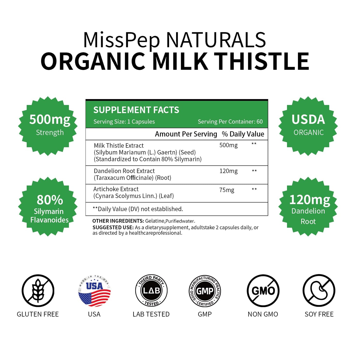 Milk Thistle,500 Mg Milk Thistle Supplement Per Capsule,Liver Health Support,Vegan and Non-GMO, 60 Capsules(1 Bottle)