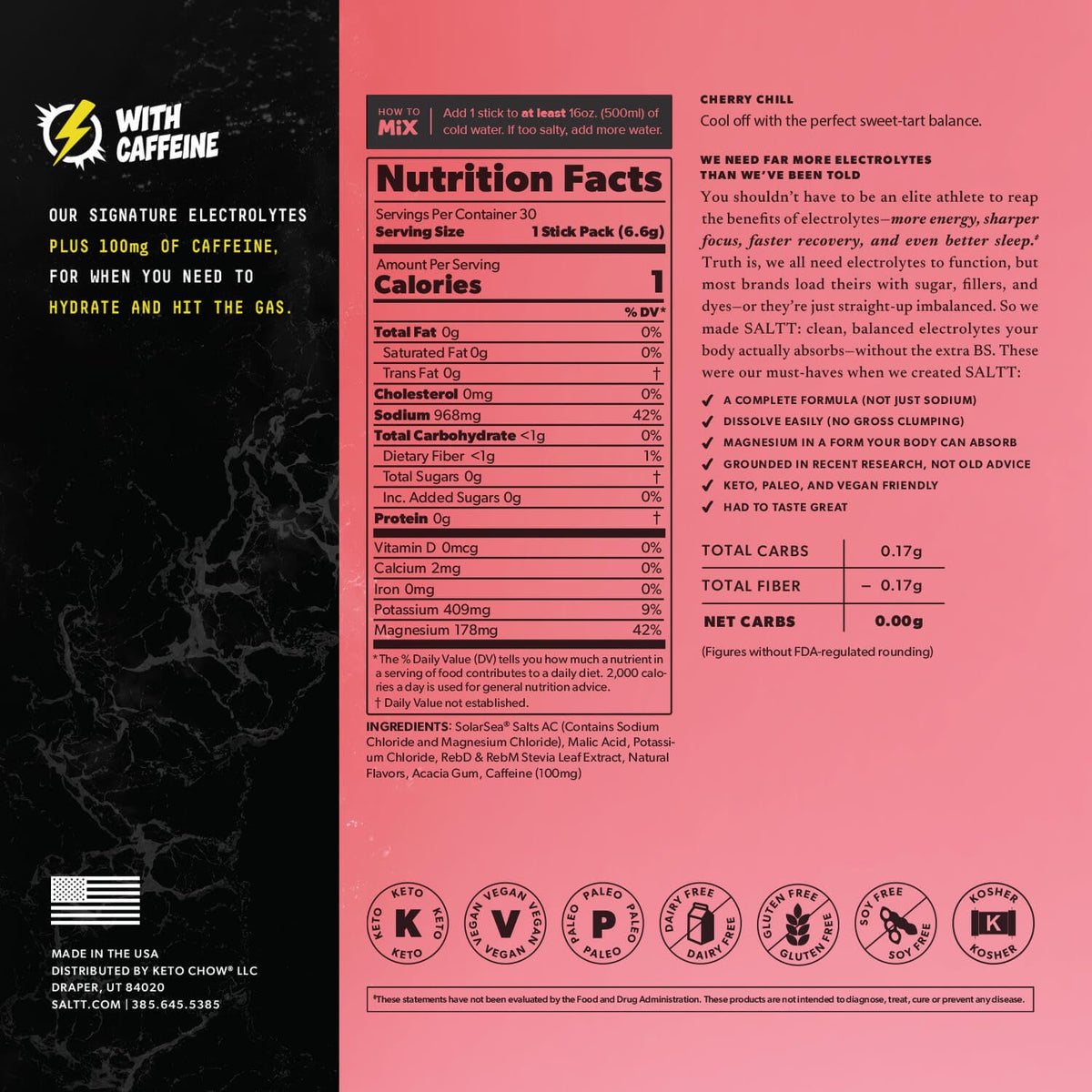 Keto Chow SALTT Electrolytes Powder Packets (Blue Slushies with 100mg Caffeine) 30 Stick Packs - Easy Dissolve, No Clumping - Essential Minerals - Hydration - Zero Sugar - Gluten Free, Vegan & Kosher
