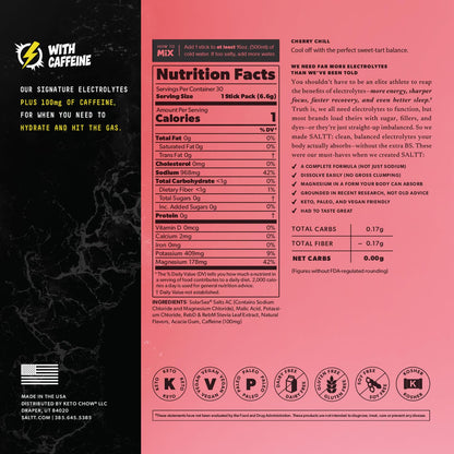 Keto Chow SALTT Electrolytes Powder Packets (Blue Slushies with 100mg Caffeine) 30 Stick Packs - Easy Dissolve, No Clumping - Essential Minerals - Hydration - Zero Sugar - Gluten Free, Vegan & Kosher