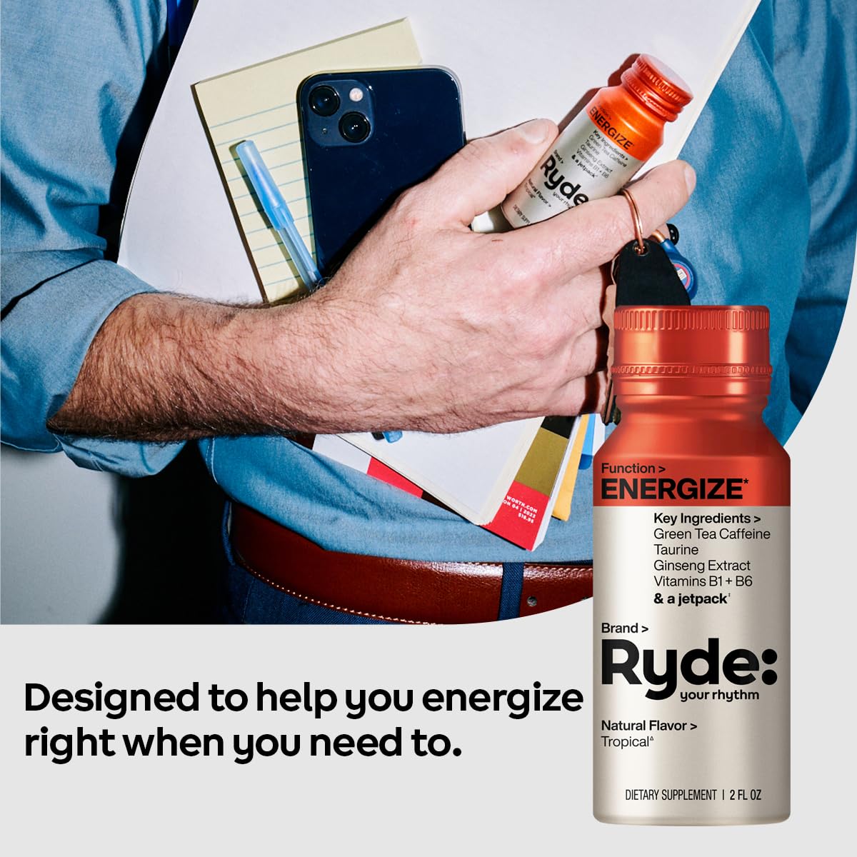 RYDE Shots Energize + Focus, Essential B Vitamins and Caffeine, Zero Calories, Zero Sugar, Pack of 16